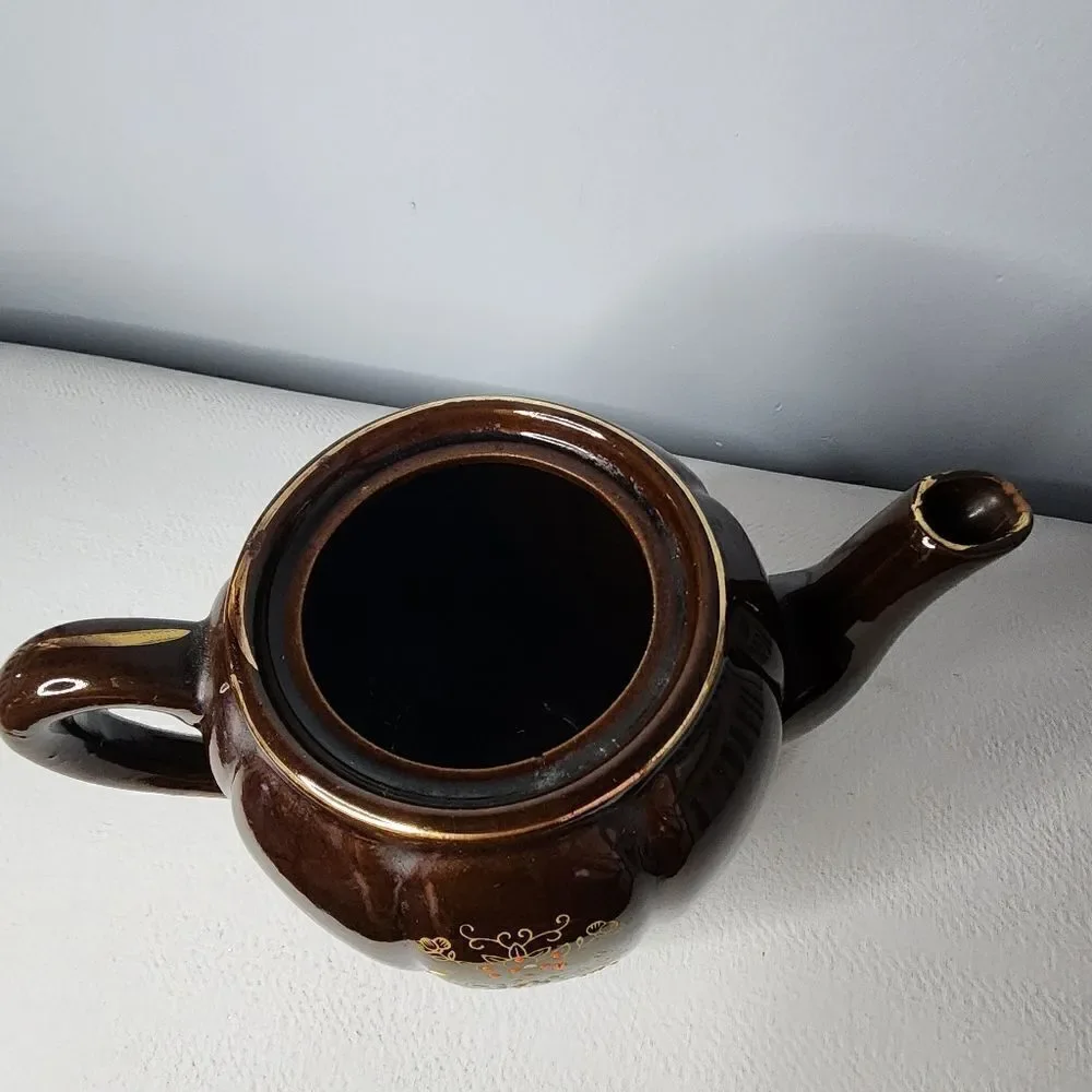 Brown Betty Teapot Japan Redware Hand Paint Pottery Moriage Style Enamel Vtg EUC